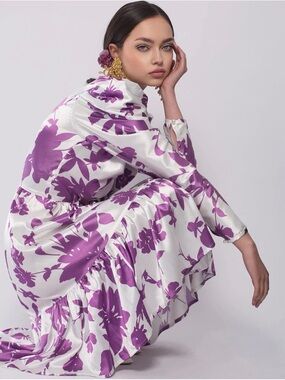 Purple Floral Satin Long Sleeve Maxi Dress - White/Purple
